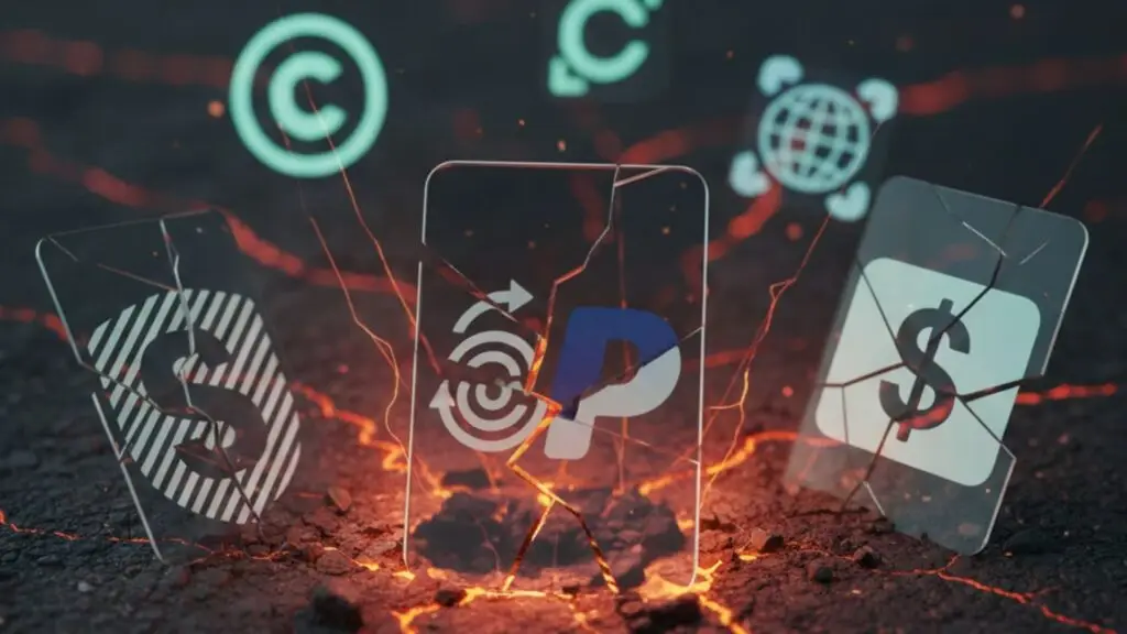 Cracked digital payment icons representing payment processing risks for adult creators