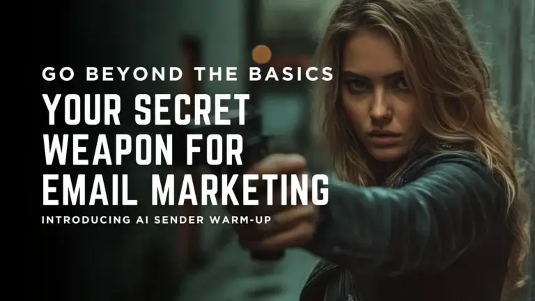 Woman aiming a firearm with a determined expression, overlay text stating "Your Secret Weapon for Email Marketing" and "Introducing AI Sender Warm-Up," reflecting digital marketing strategies for adult creators.