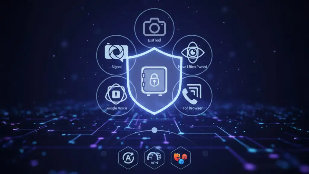Shield graphic showing privacy apps like ExifTool, Signal, Tor Browser, Google Voice, and Have I Been Pwned protecting adult creators online