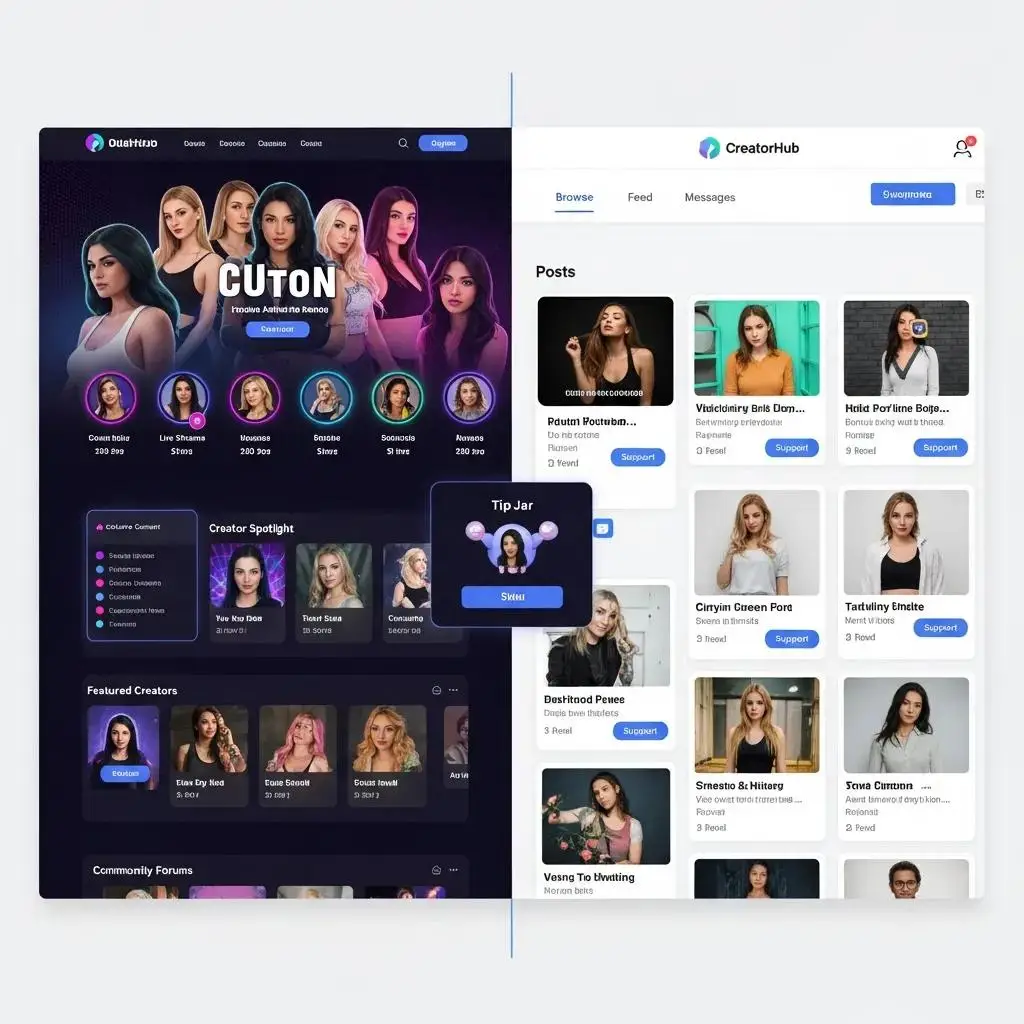 Side-by-side view of a custom site and a creator platform dashboard