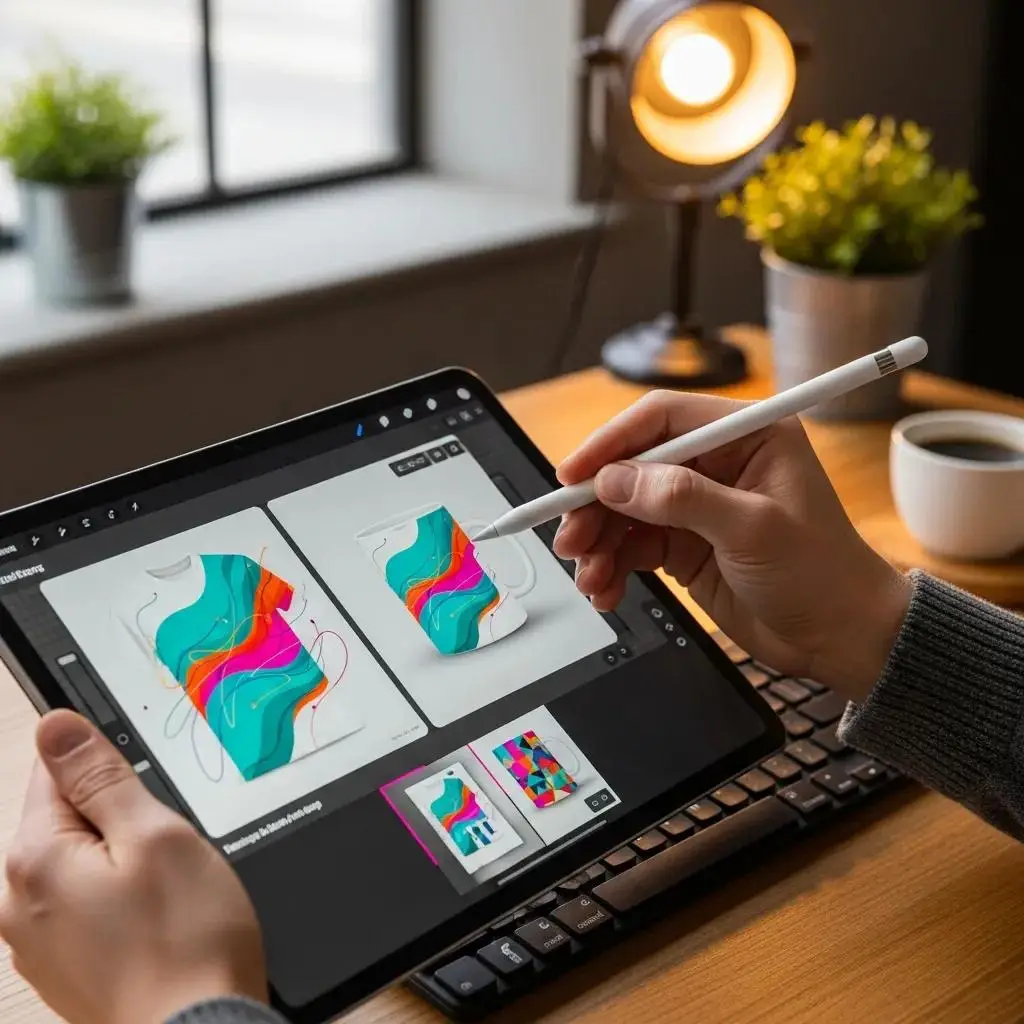 Designer sketching merchandise concepts on a tablet